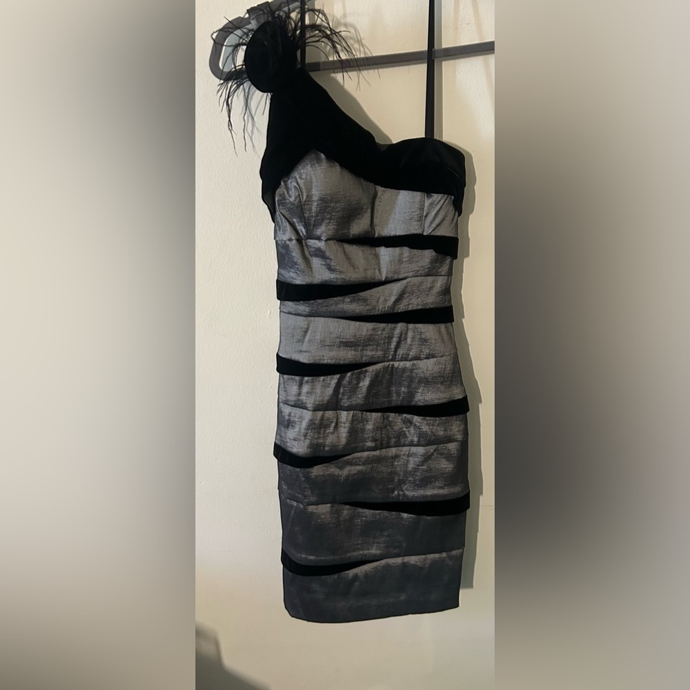 Vintage Betsy & Adam Black and Silver One-Shoulder Velvet Dress with Poof Flower - Picture 1 of 4